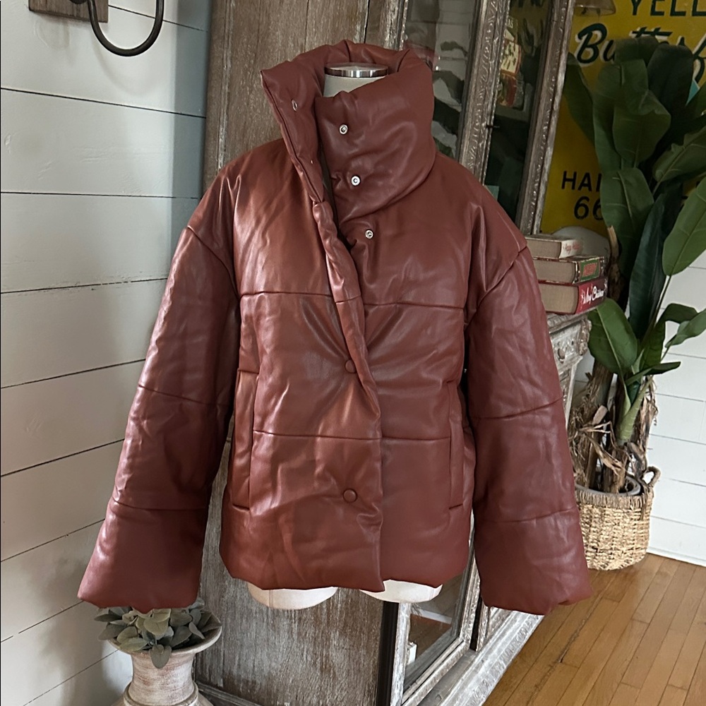 EN SAISON Vegan Leather Puffer Jacket In Brown LARGE NEW